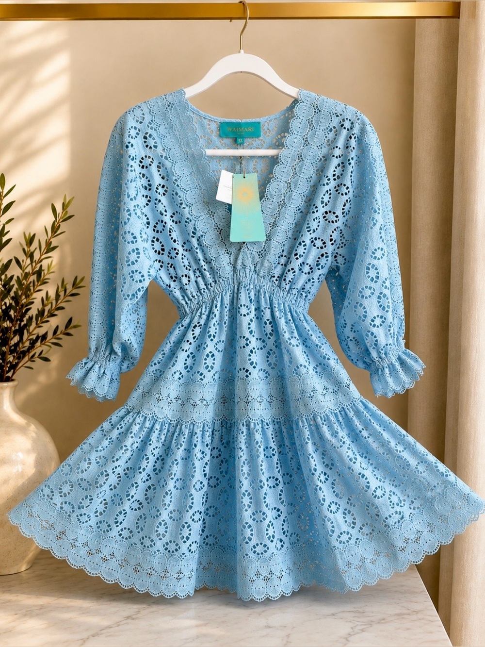 Waimari Morana Lace Embroidered Mini Dress Blue XS NWT